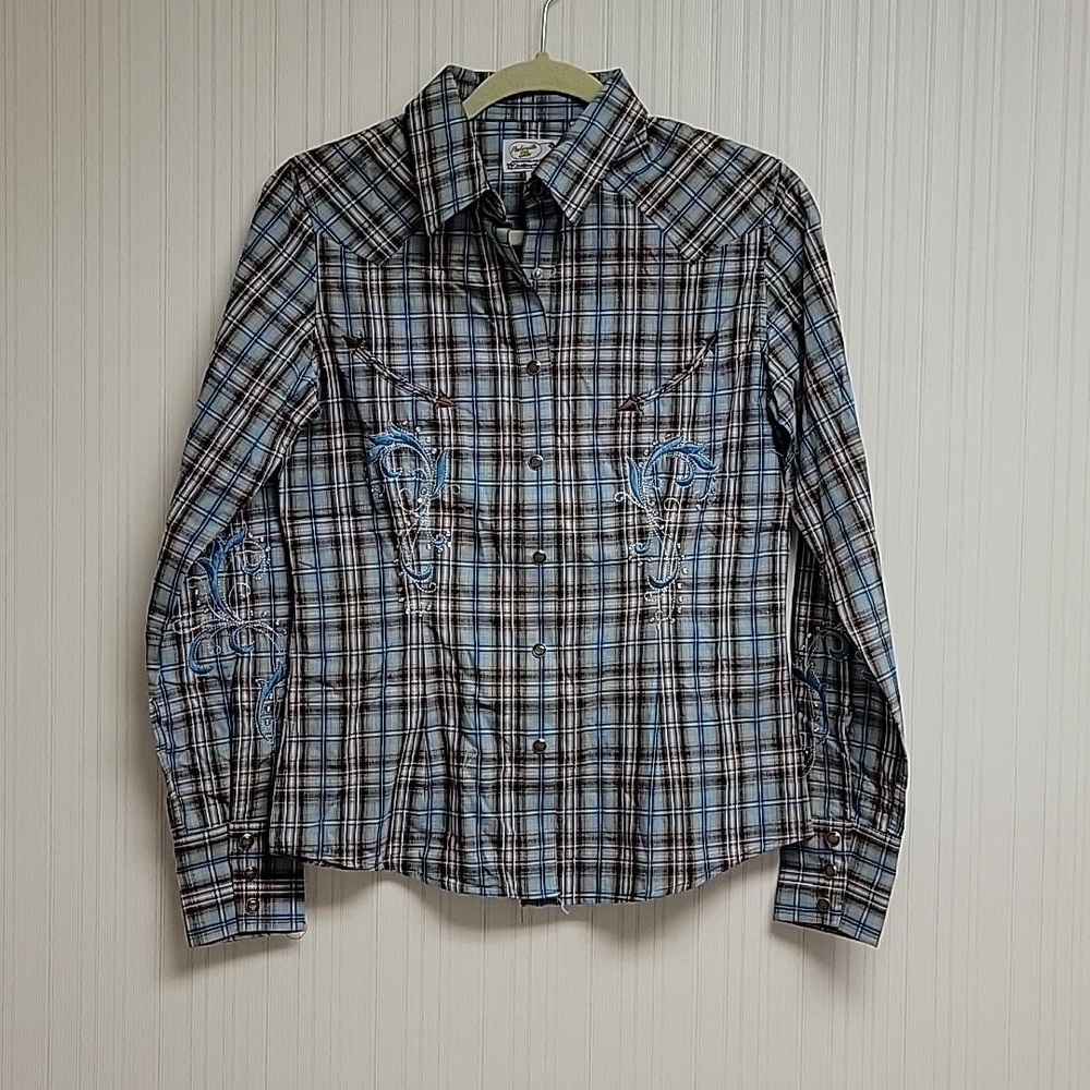 Panhandle Slim long sleeve plaid pearl Western snap shirt blue & brown small